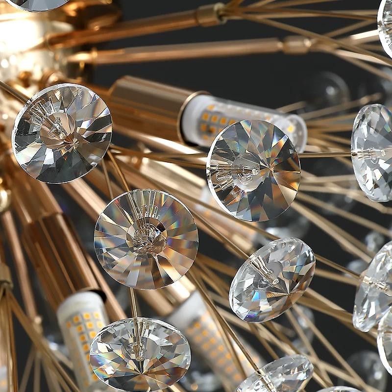Lustra moderna cristal tip papadie, soclu G9, structura metalica aurie cu discuri acril fatetat, detaliu cristale
