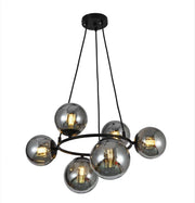 Lustra suspendata cu 6 globuri fumurii din sticla si structura metalica neagra mata, soclu G9, diametru 480 mm