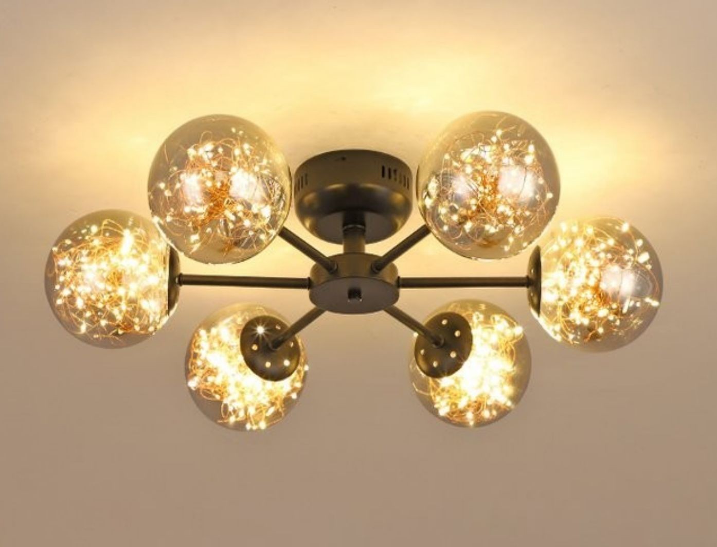 Lustra LED 44W cu 6 globuri sticla fumata, structura neagra mata, montaj tavan, lumina calda 3000K