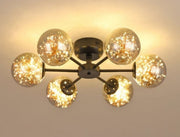 Lustra LED 44W cu 6 globuri sticla fumata, structura neagra mata, montaj tavan, lumina calda 3000K