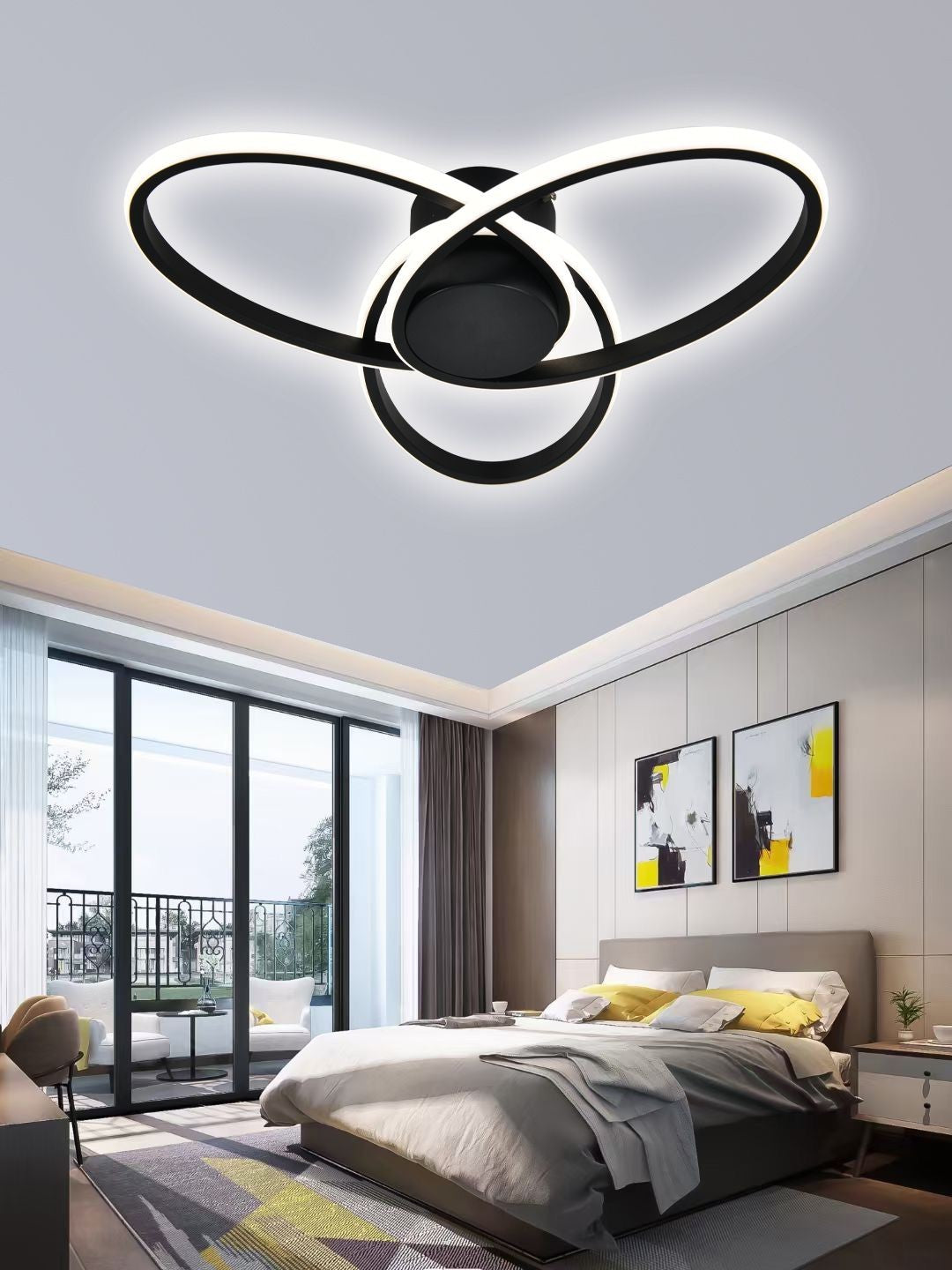 Plafoniera LED 78W 3000K design inelar tridimensional negru mat, montaj tavan, ideala pentru dormitor 15-25 mp