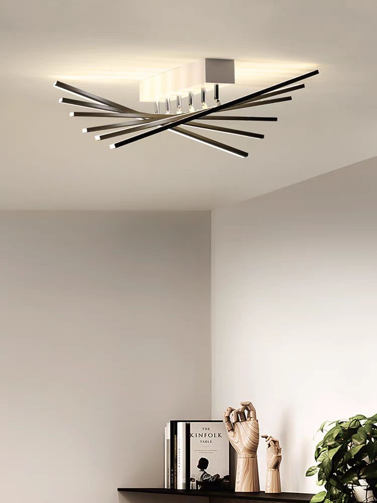 Lustra LED aplicata tavan, 144W, 3000K-6500K, brate asimetrice din metal negru mat, design modern pentru living