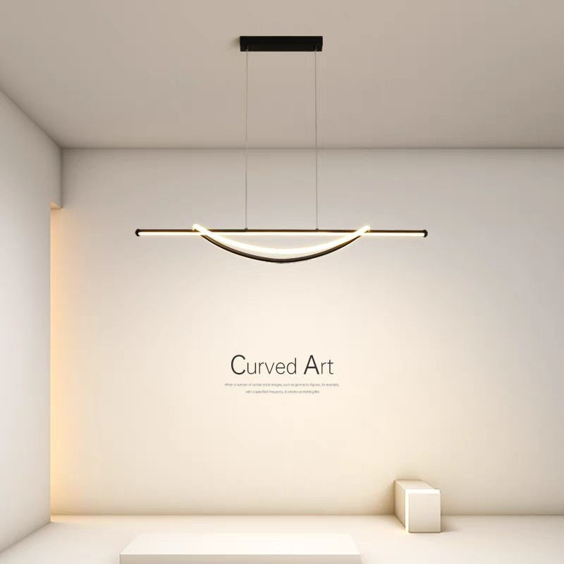 Lustra LED suspendata 92W, 4500lm, design curbat tip arc, lumina calda 3000K, pentru dining sau living modern