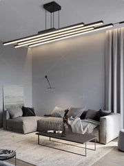 Lustra LED moderna suspendata, 74W, 3000/4000/6500K, design liniar cu bare paralele, negru mat, living contemporan