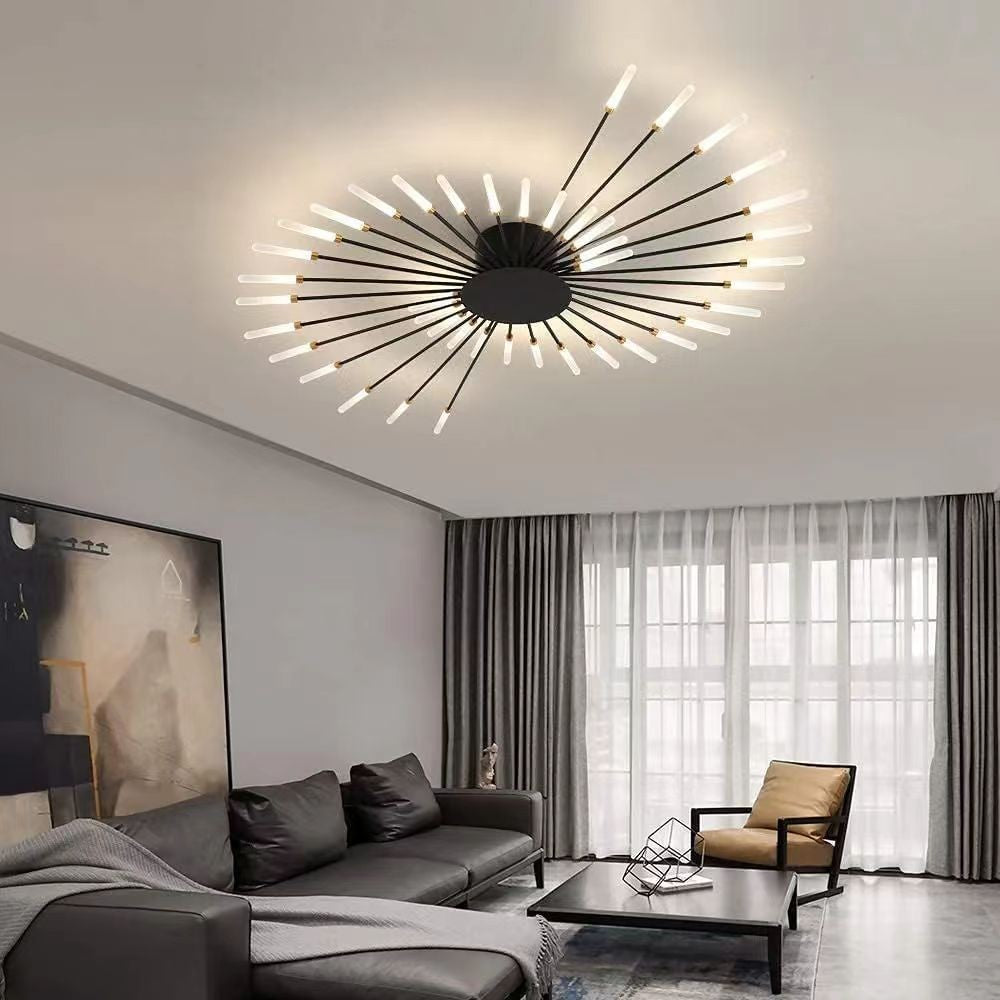 Plafoniera LED tip foc de artificii, negru cu accente aurii, iluminare uniforma living spatios