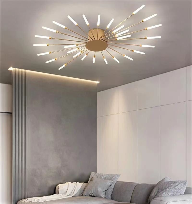 Lustra LED 112W design starburst auriu, montaj tavan, lumina reglabila 3000K-6500K, diametru 105cm, living modern