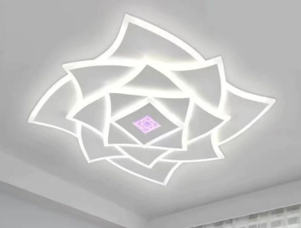 Plafoniera LED RGB 228W forma petale, montaj tavan, lumina calda/rece/neutra, accesoriu central RGB colorat
