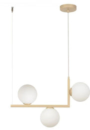 Lustra suspendata E27x3 cu 3 globuri din sticla opalina si structura geometrica din metal auriu mat, max 40W per soclu