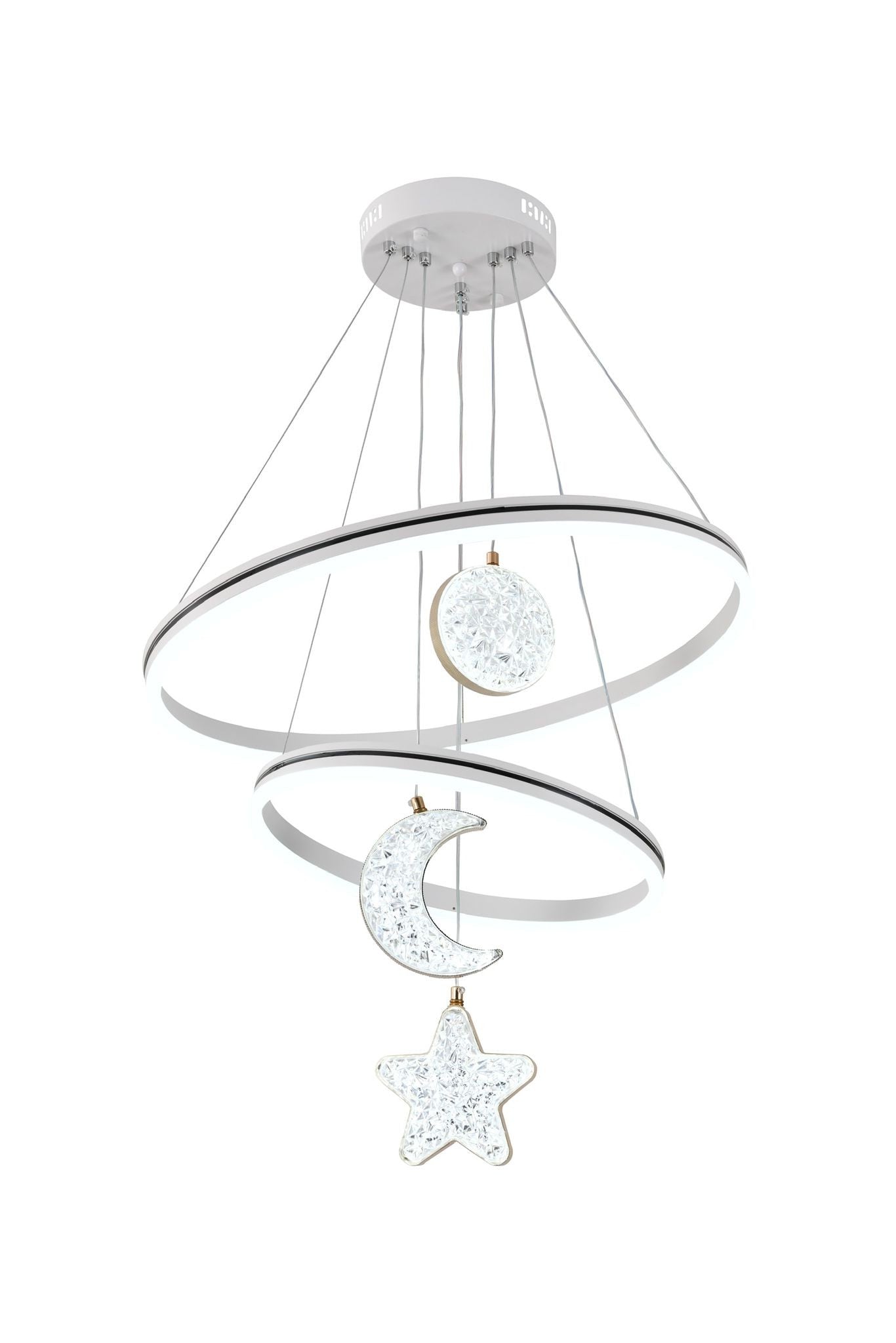 Lustra LED suspendata cu inele spiralate si pandantive cristaline transparente luna si stea, fond alb