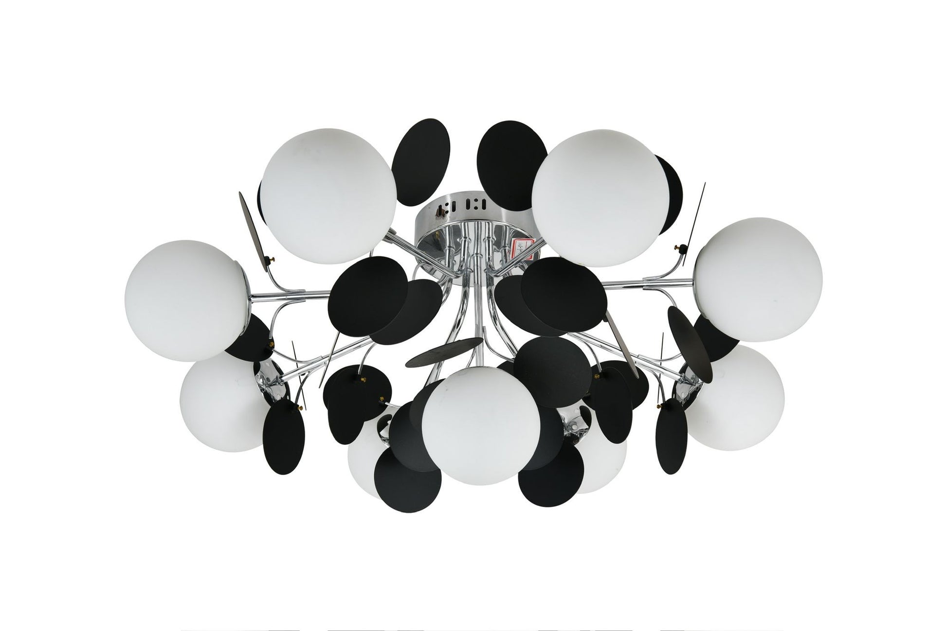Lustra cu globuri sferice acril alb mat si discuri decorative negre mate pe structure cromata