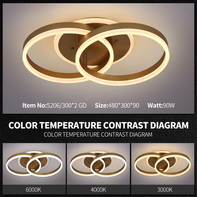 Plafoniera LED 90W cu doua inele aurii intrepatrunse, 3 temperaturi culoare 3000K-6000K, dimabila cu telecomanda
