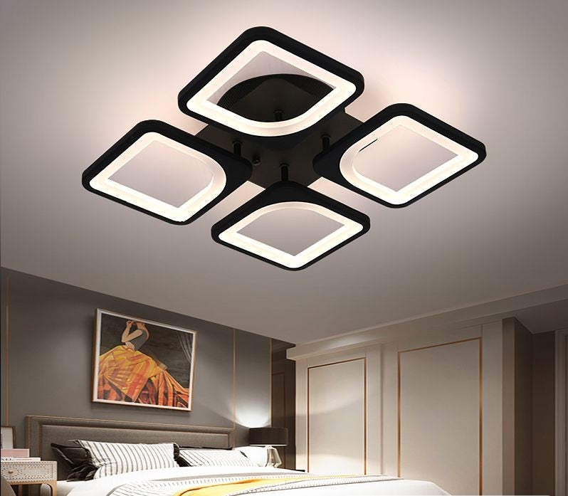 Plafoniera LED 88W cu 4 module patrate negre, telecomanda WiFi 2.4G, lumina reglabila 3000K-6500K, montaj tavan