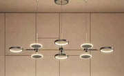Lustra LED cu inele circulare, 112W, 3500 lm, lumina reglabila 3000K-6500K, telecomanda WiFi, design modern geometric