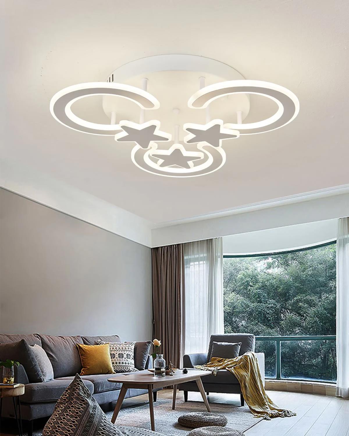 Lustra LED 126W cu inele si stele acril, lumina reglabila 3000K-6500K, montaj tavan, living modern