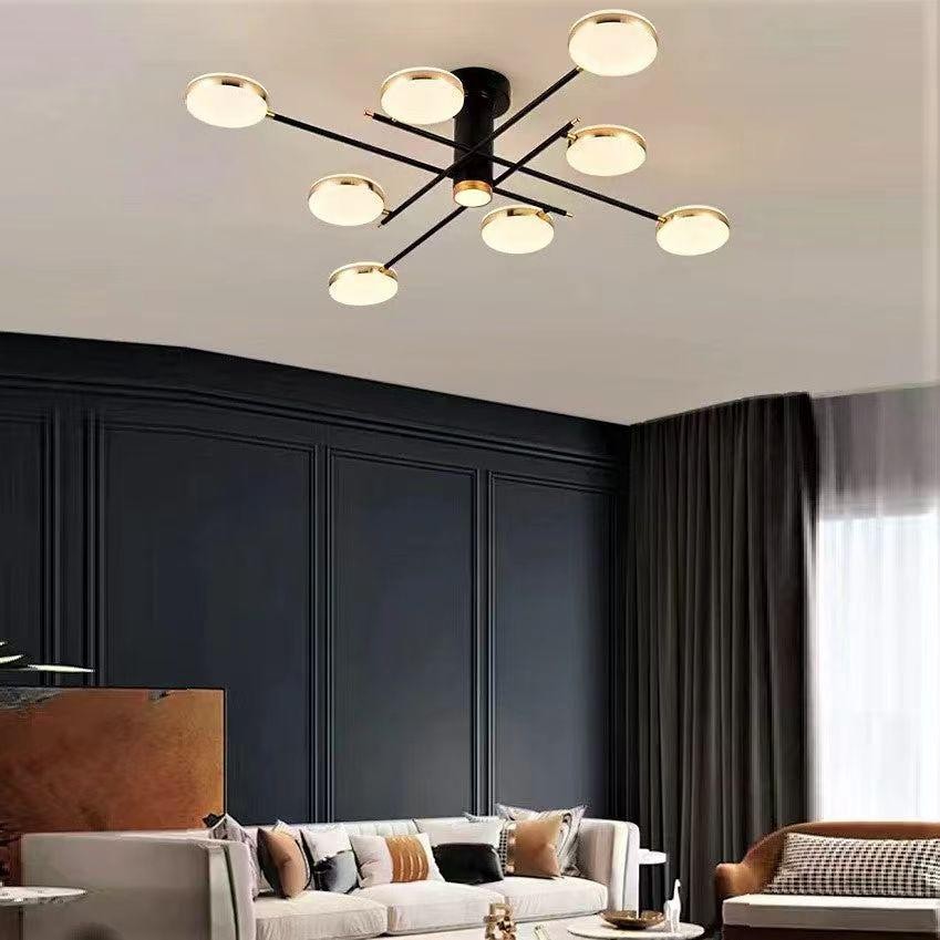 Lustra LED 120W cu telecomanda WiFi, 3 temperaturi de culoare, montaj tavan, design negru-auriu cu 8 discuri acrilice