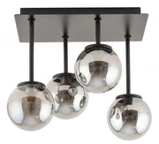 Lustra moderna neagra cu 4 globuri de sticla fumurie, soclu E27, montaj tavan, structura metalica mata