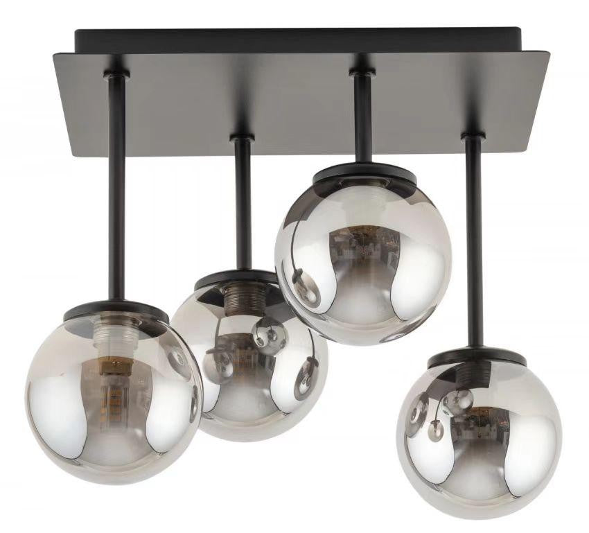 Lustra moderna neagra cu 4 globuri de sticla fumurie, soclu E27, montaj tavan, structura metalica mata