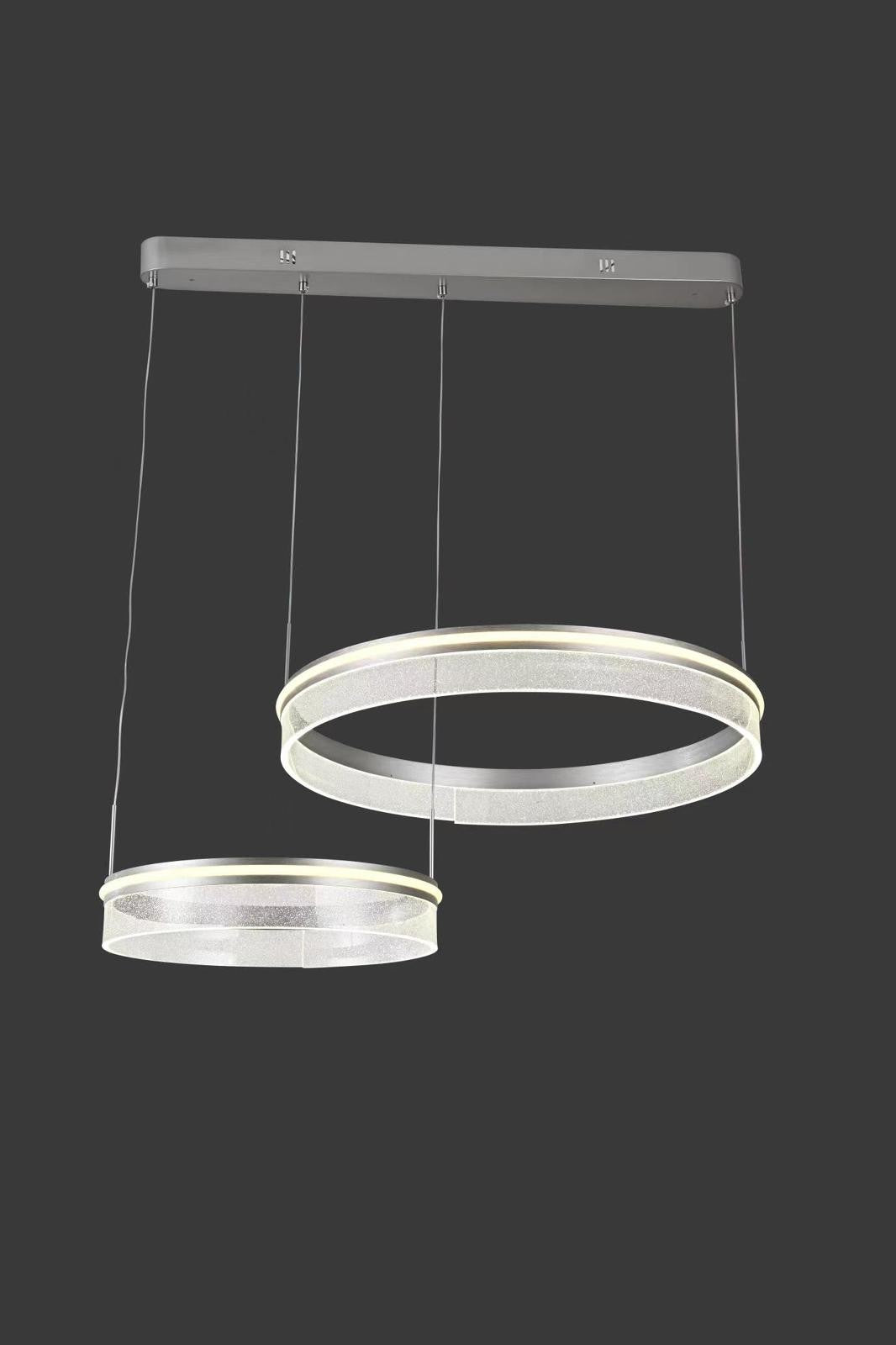Lustra LED 240W cu doua inele suspendate la inaltimi diferite, 12000 lumeni, design modern argintiu cu acril