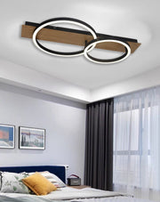 Plafoniera LED 30W cu doua inele eliptice si suport imitatie lemn, telecomanda WiFi, lumina reglabila, montaj tavan dormitor