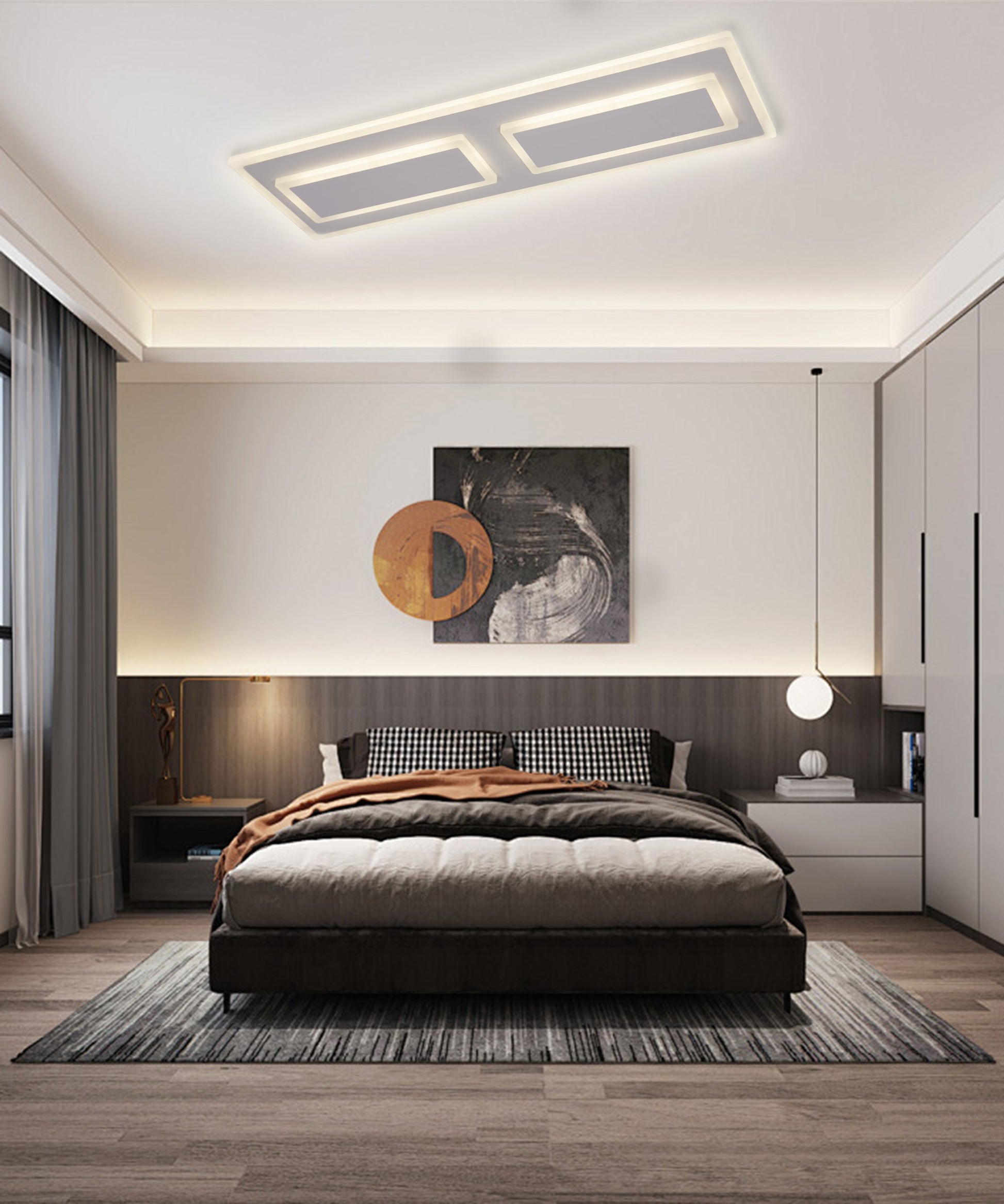 Plafoniera LED rectangulara cu lumina calda si rece, montata pe tavan in dormitor contemporan