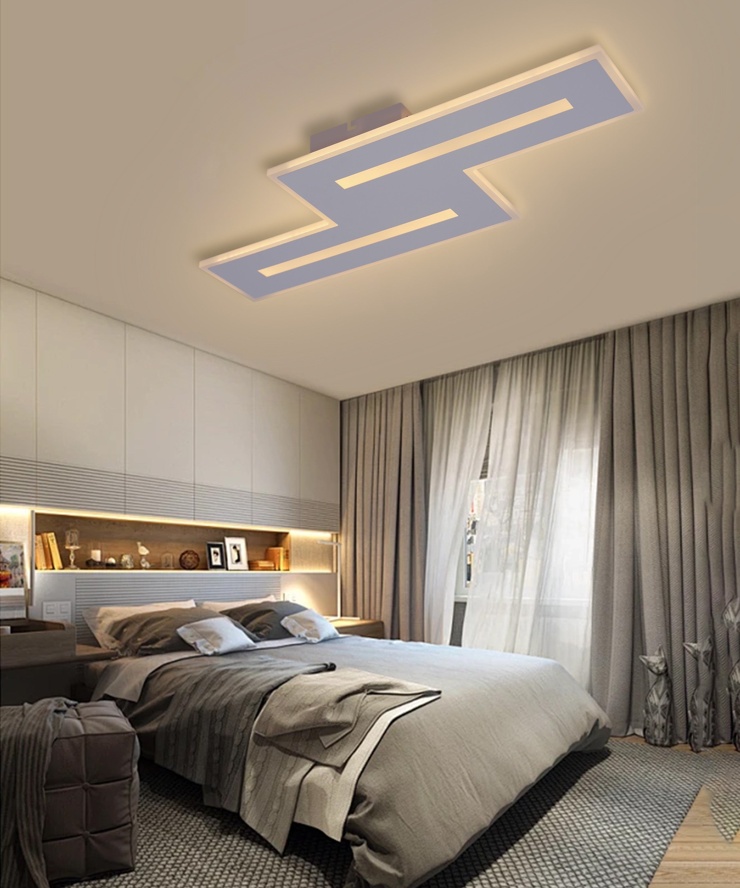Plafoniera LED aplicata pe tavan in dormitor, lumina calda uniforma, design rectangular in trepte