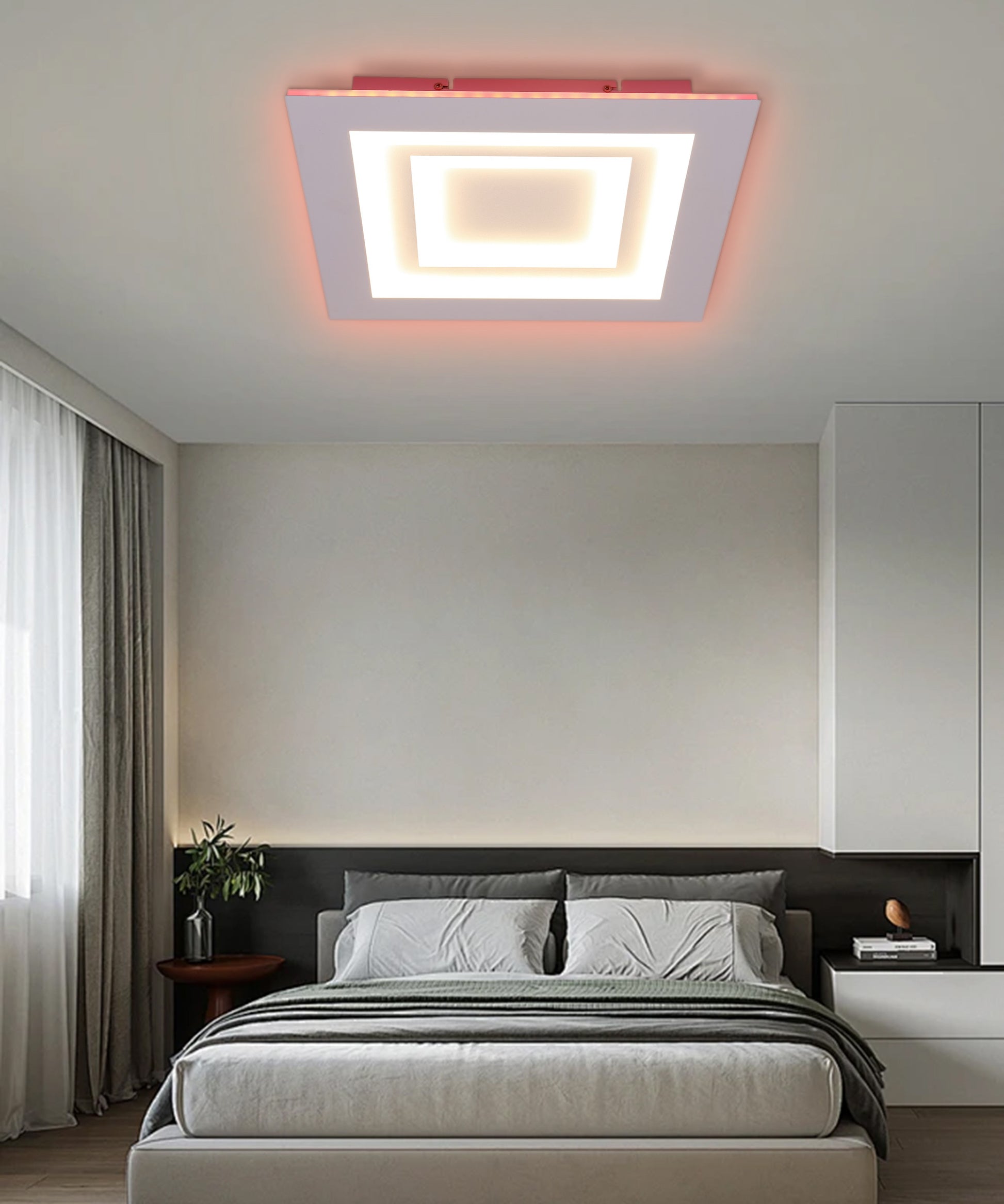 Plafoniera LED patrata in dormitor, lumina calda 3000K si iluminat ambiental rosu pe margini