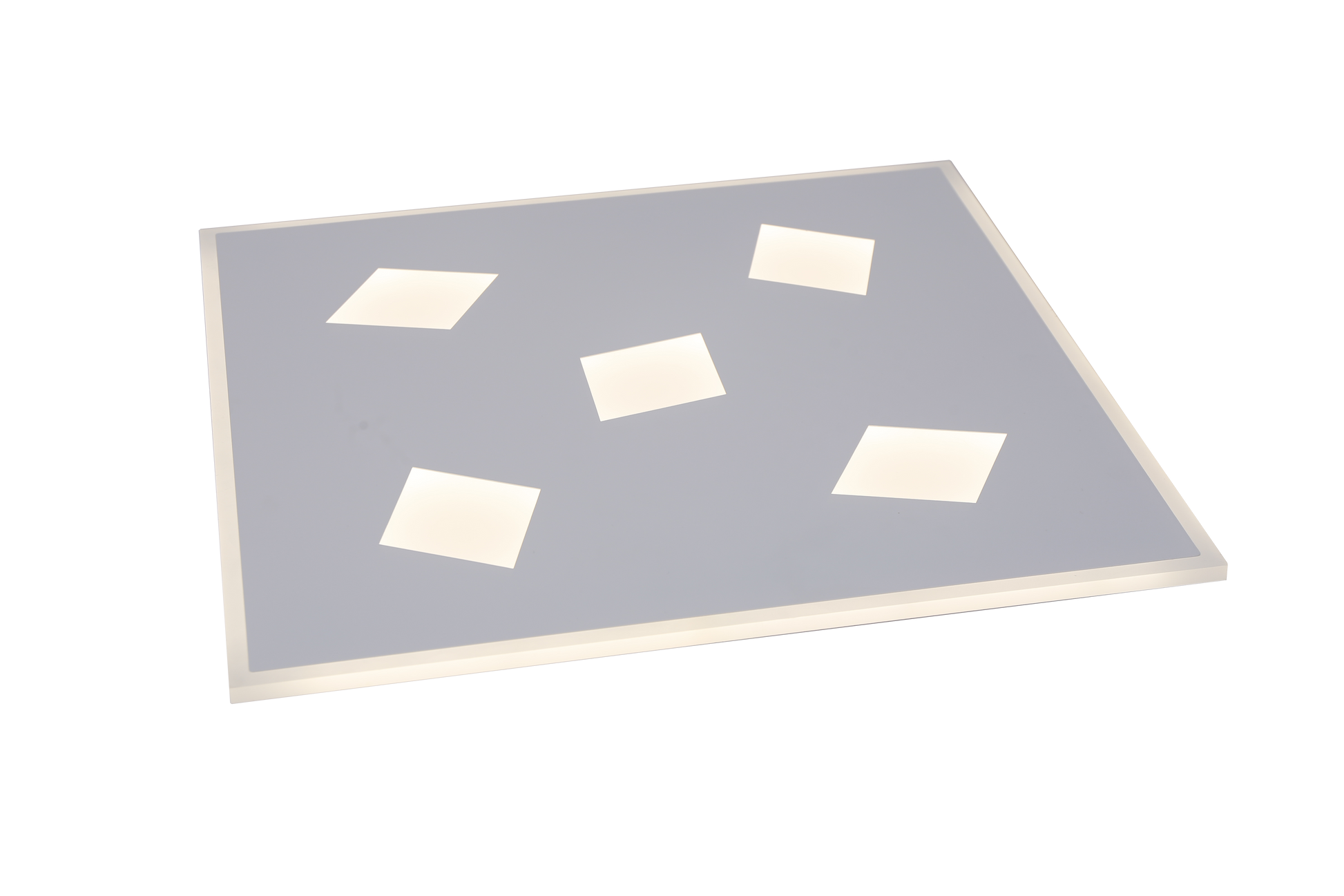 Plafoniera LED patrata 500x500mm pe fond alb, carcasa gri deschis, 5 module patrate rotite stinse