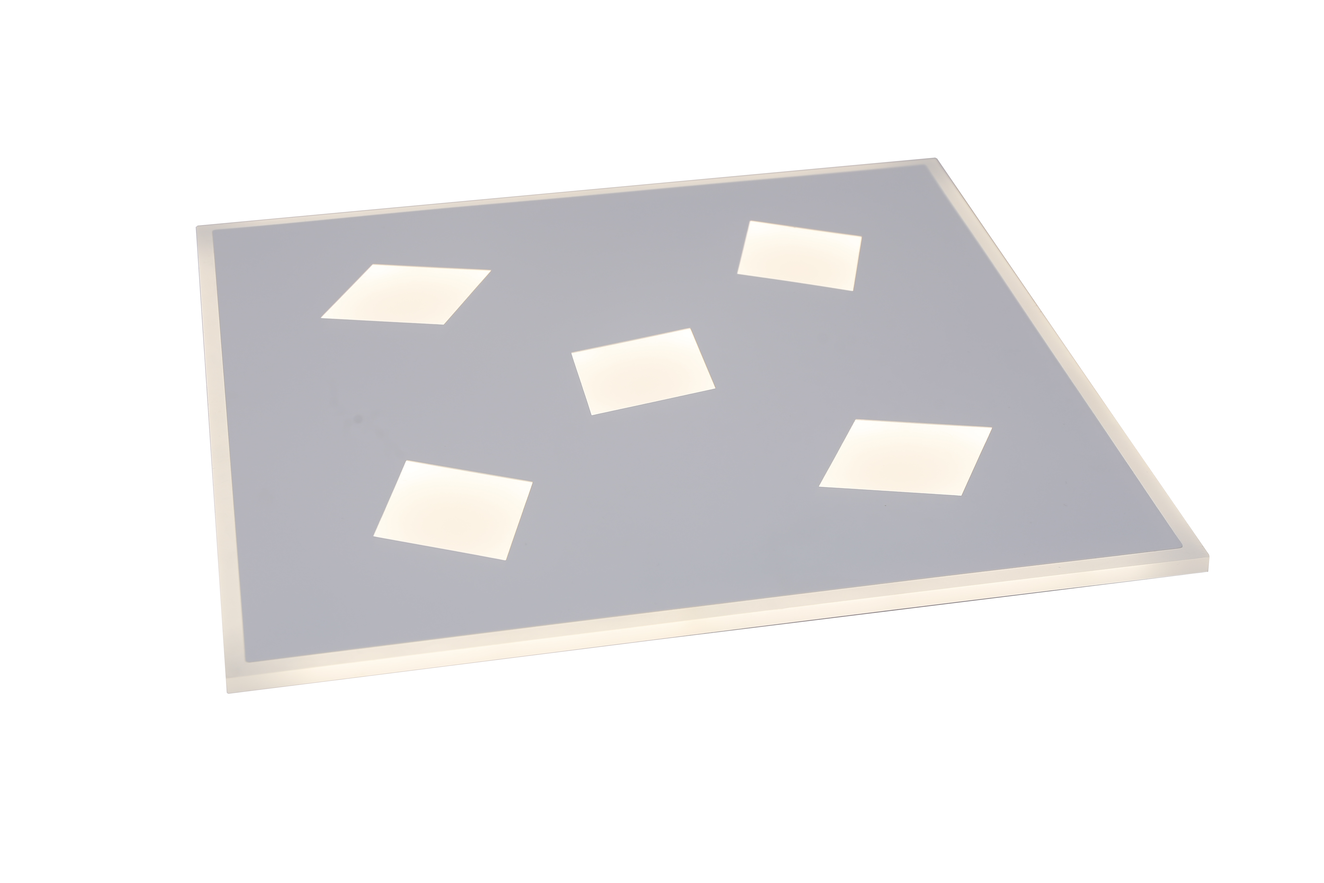 Plafoniera LED patrata 500x500mm pe fond alb, carcasa gri deschis, 5 module patrate rotite stinse