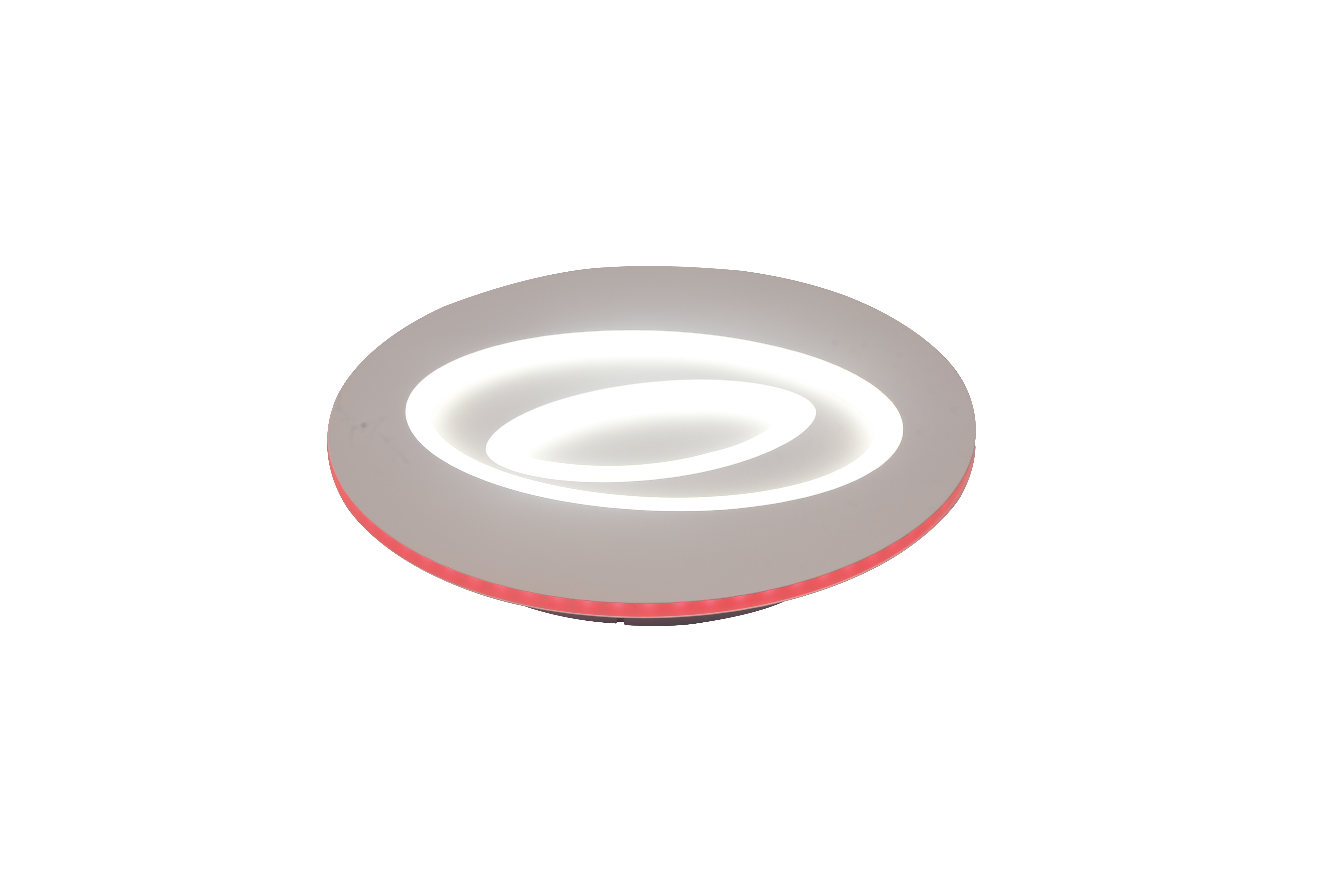 Plafoniera LED rotunda aprinsa cu lumina alba rece si banda RGB rosie la margine, fond alb