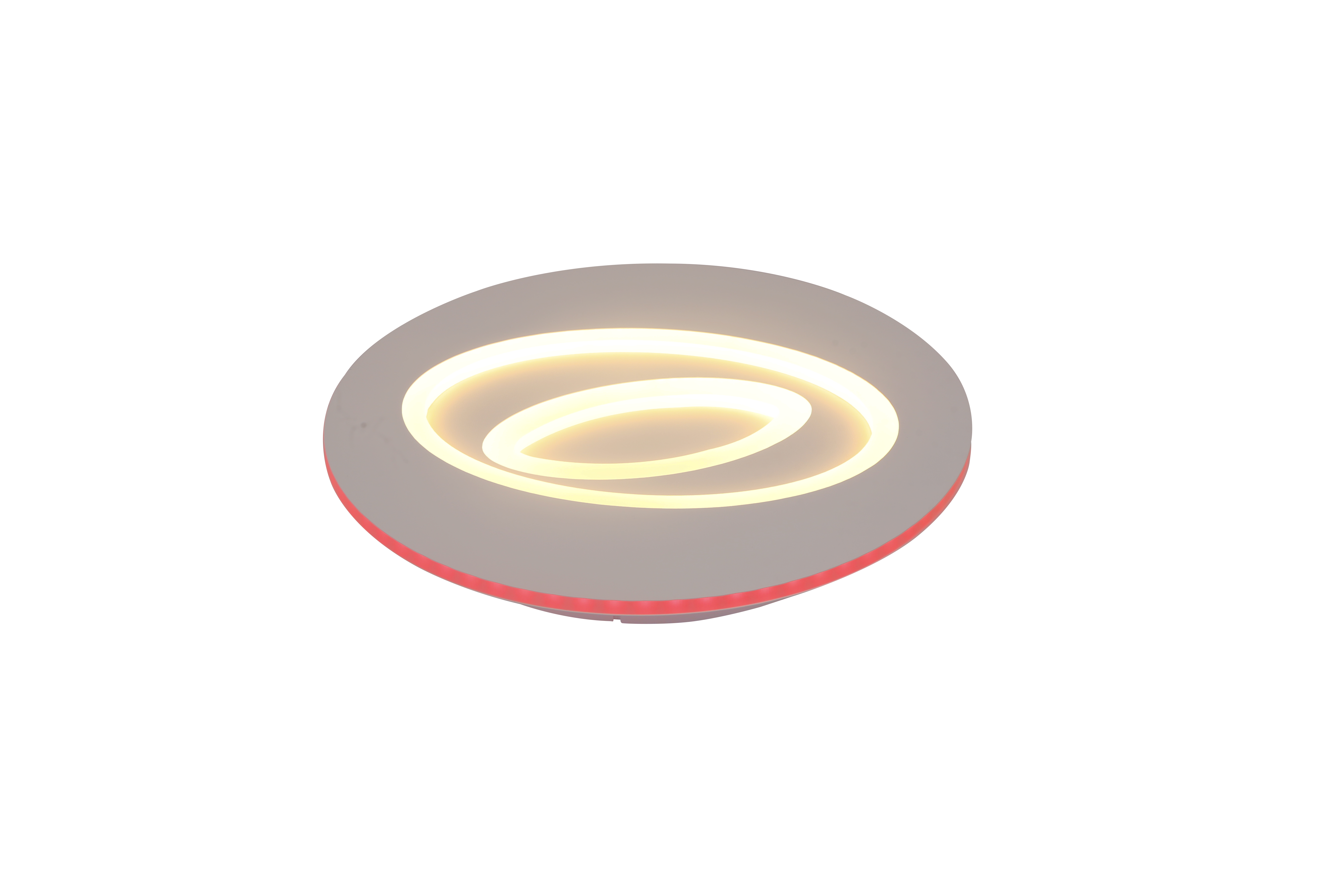 Plafoniera LED circulara cu lumina calda 3000K si retroiluminare rosie perimetral, fond alb