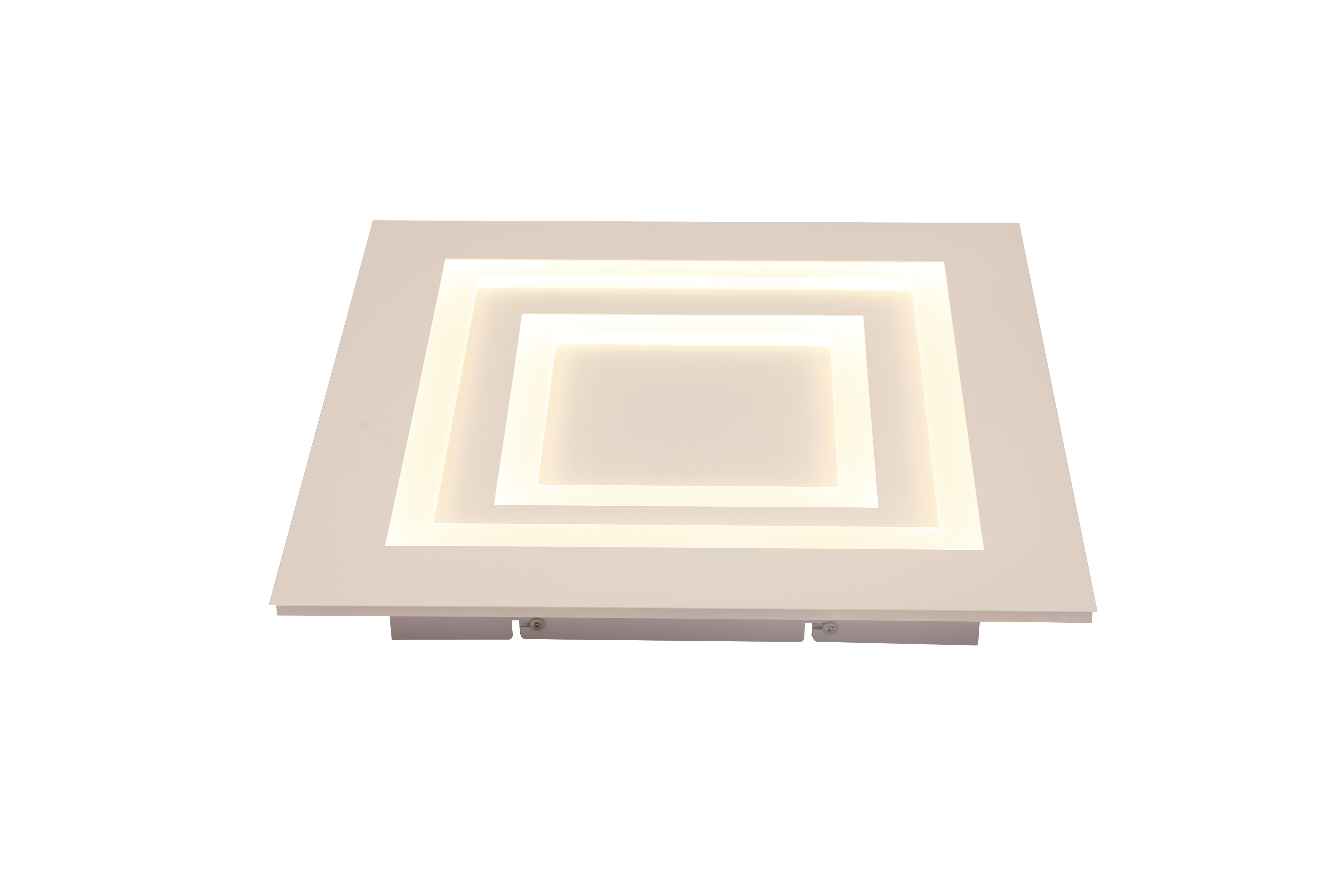 Plafoniera LED patrata aprinsa cu lumina calda 3000K, vedere izometrica pe fundal alb