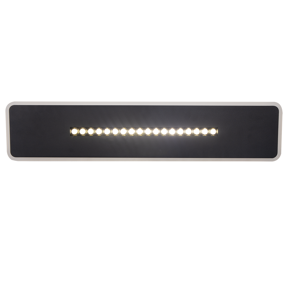 Plafoniera LED dreptunghi 60x13cm negru mat, lumina calda, pe fond alb, vedere frontala