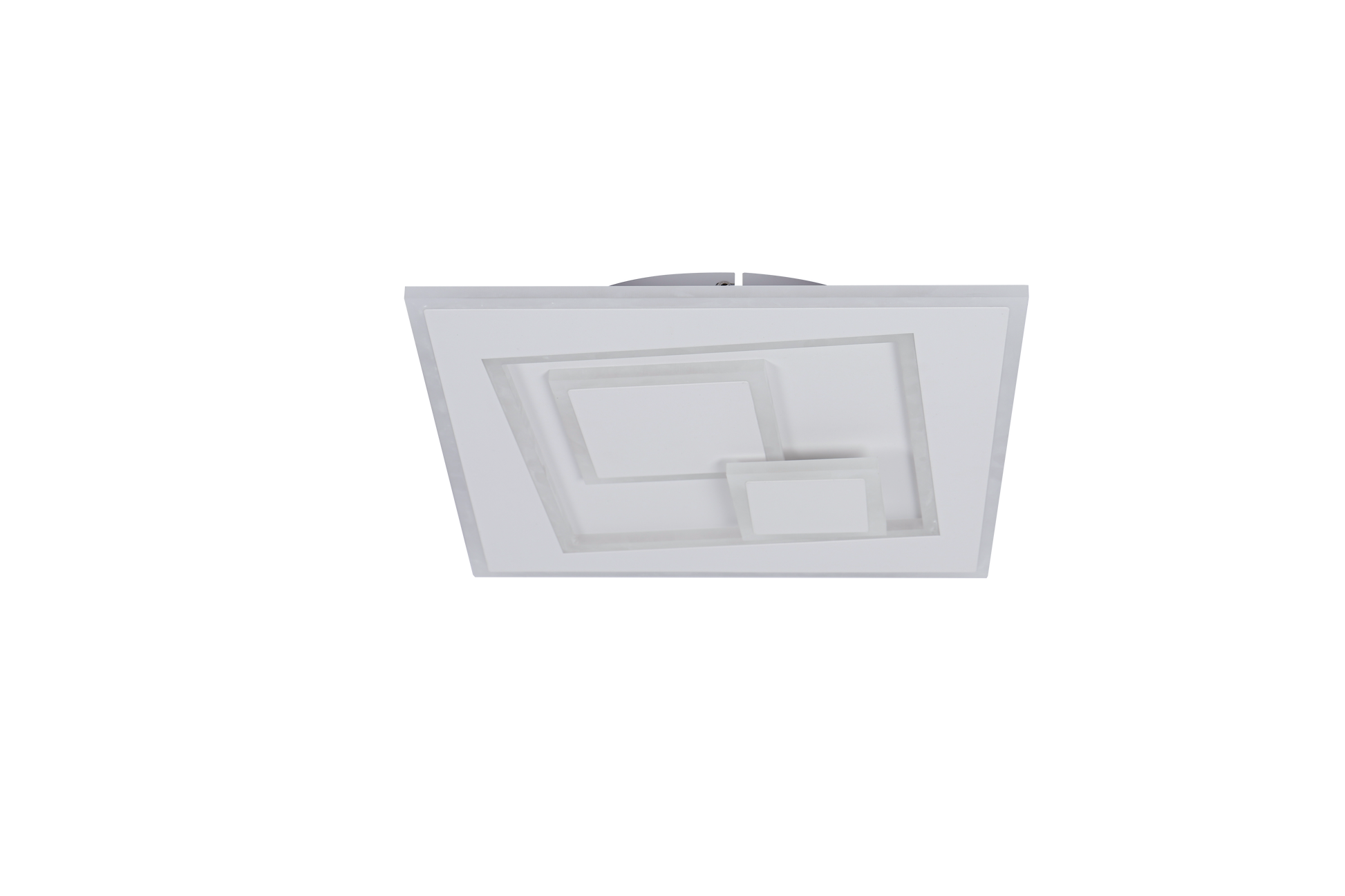 Plafoniera LED patrata cu difuzor acril mat, design geometric suprapus, stinsa, vedere frontala