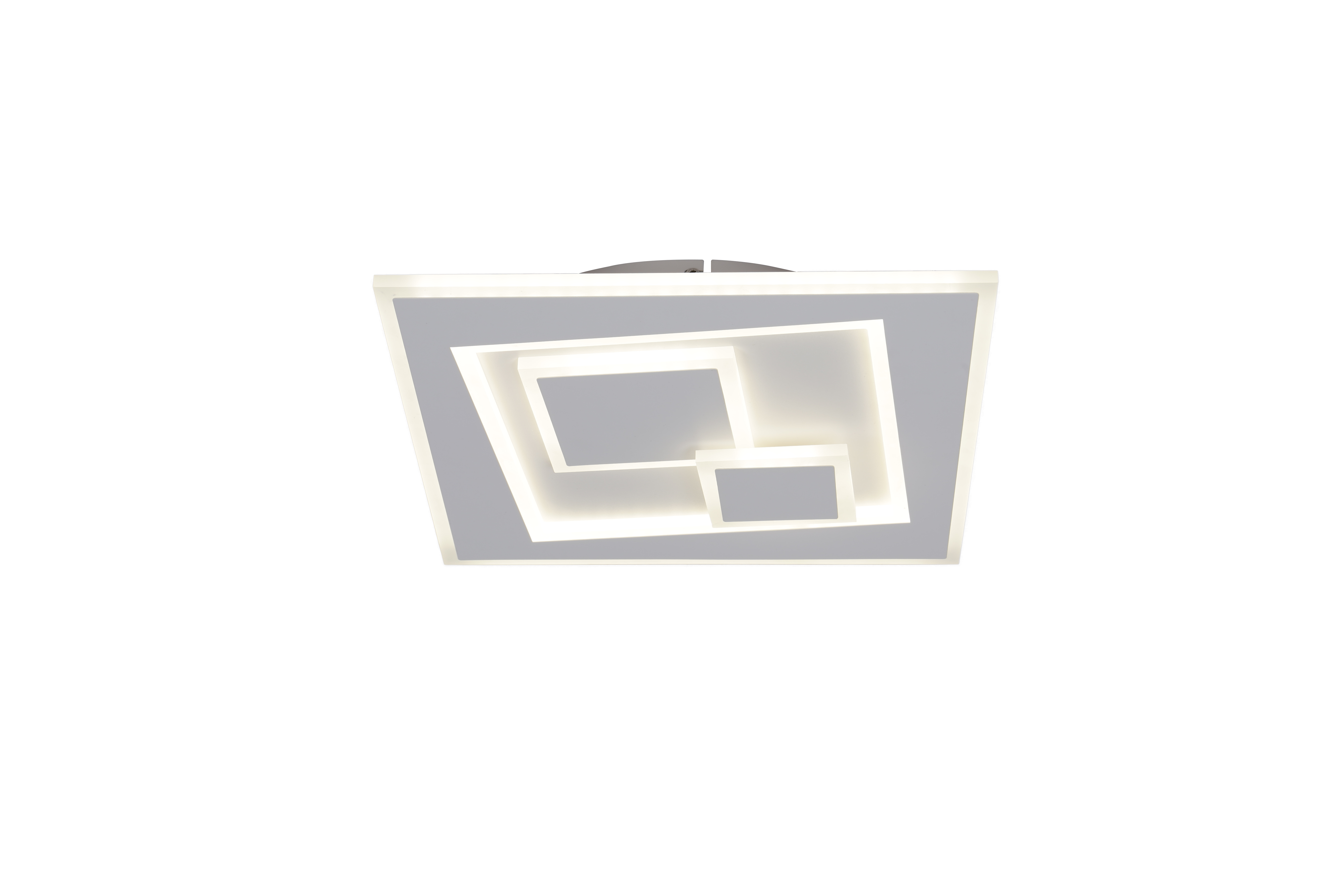 Plafoniera LED patrata aprinsa lumina neutra, patrate suprapuse iluminate, fond alb