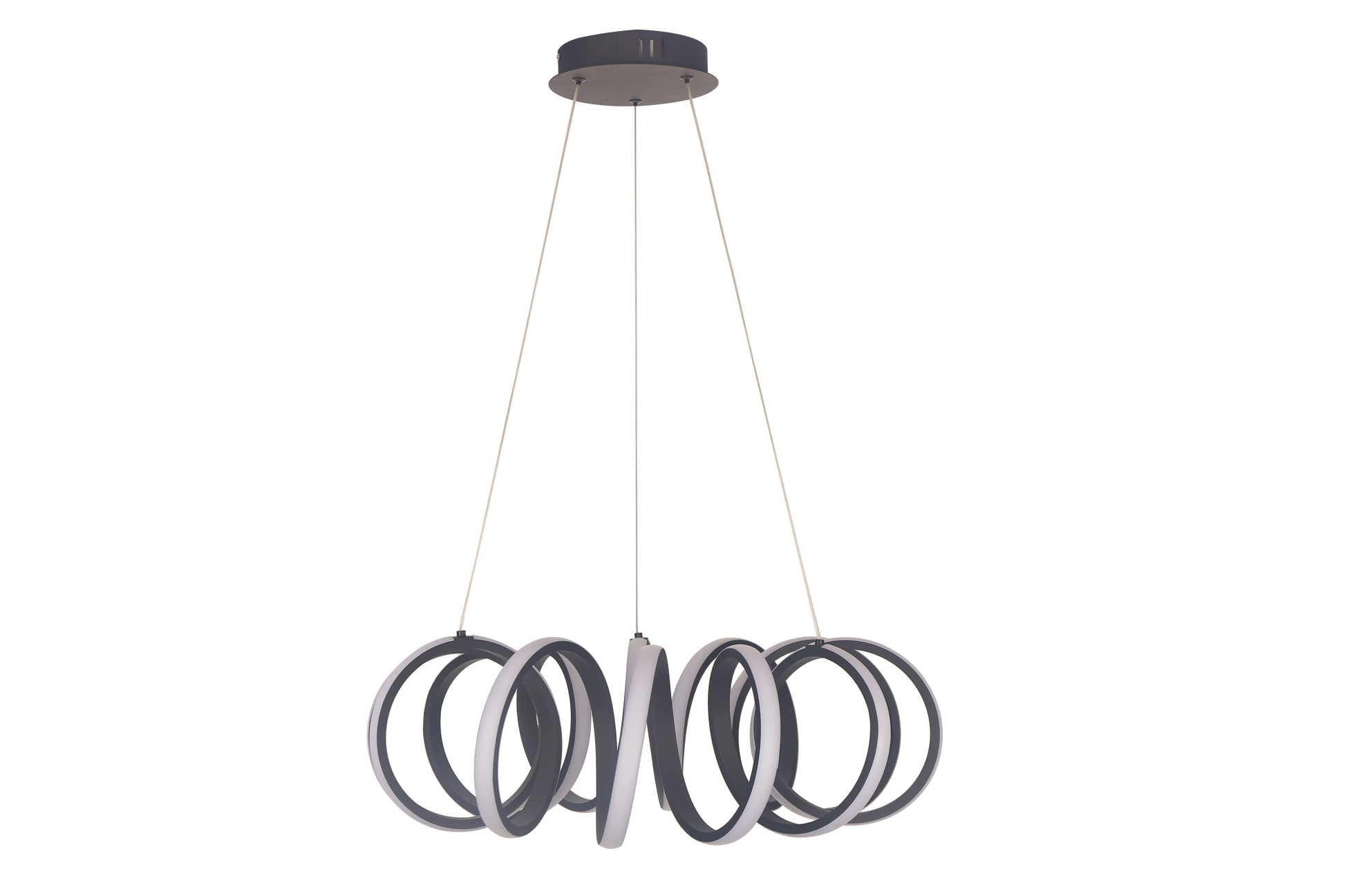 Lustra LED suspendata cu inele rasucite gri antracit, design sculptural, cablu reglabil pana la 1000mm