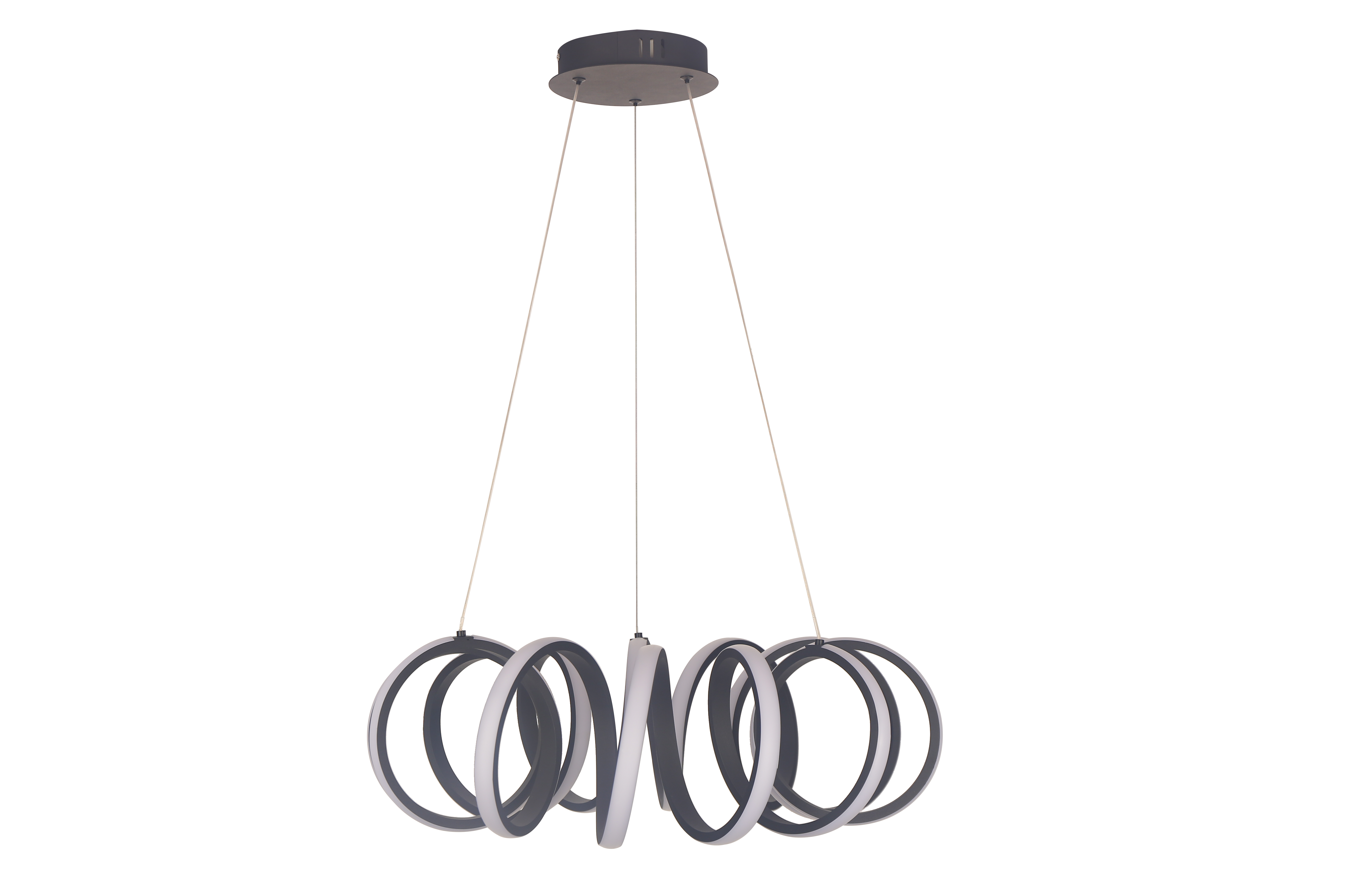Lustra LED suspendata cu inele rasucite gri antracit, design sculptural, cablu reglabil pana la 1000mm