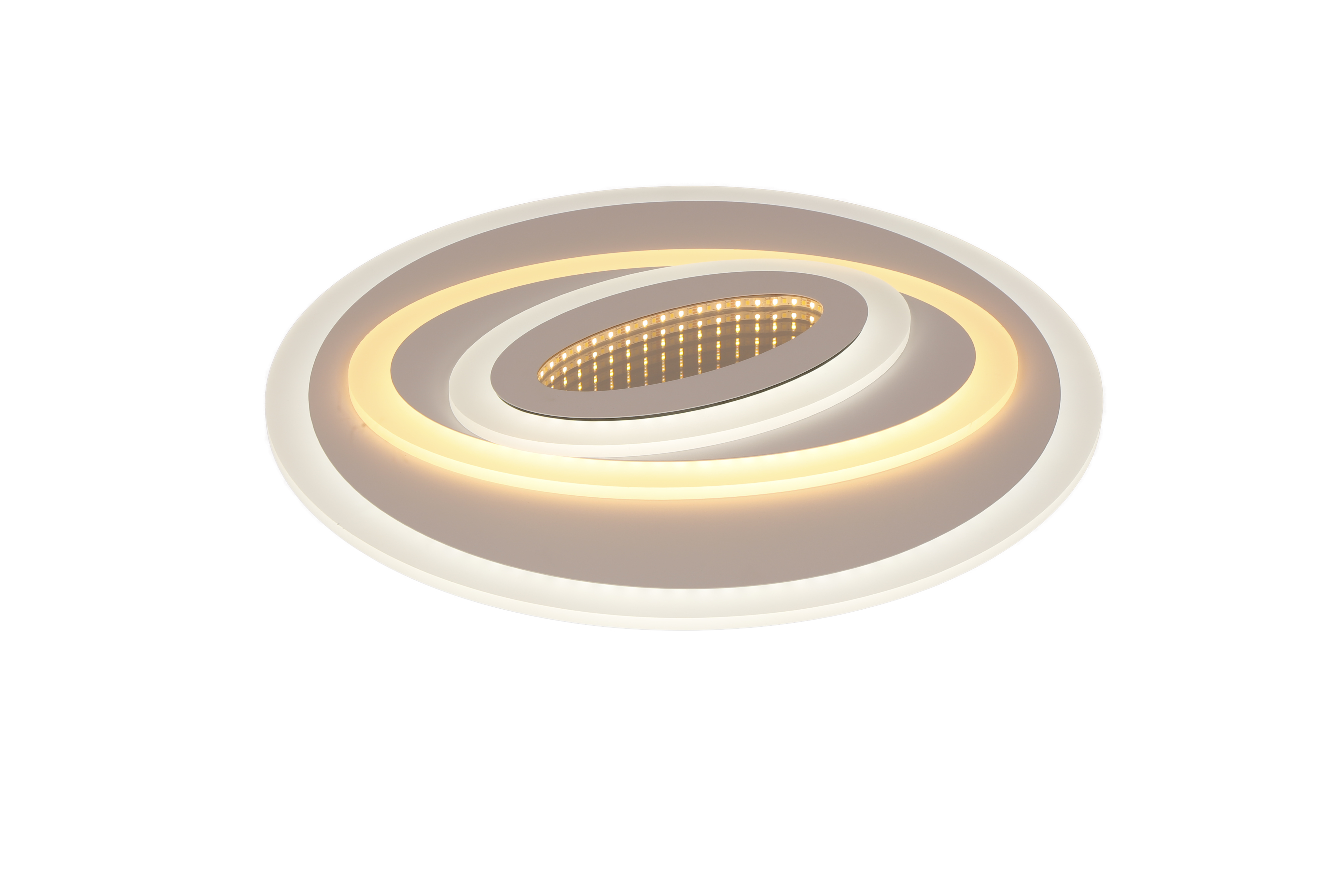 Plafoniera LED 3D cu lumina calda, vedere izometrica pe fond alb, inele spiralate din acril