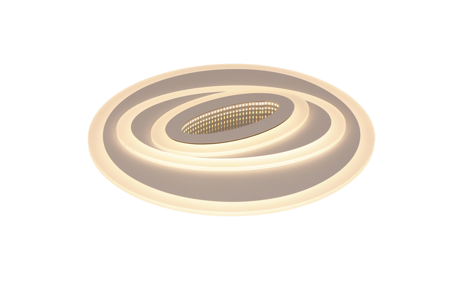 Plafoniera LED 3D cu lumina neutra, inele spiralate acril, efect oglinda discret pe fond alb