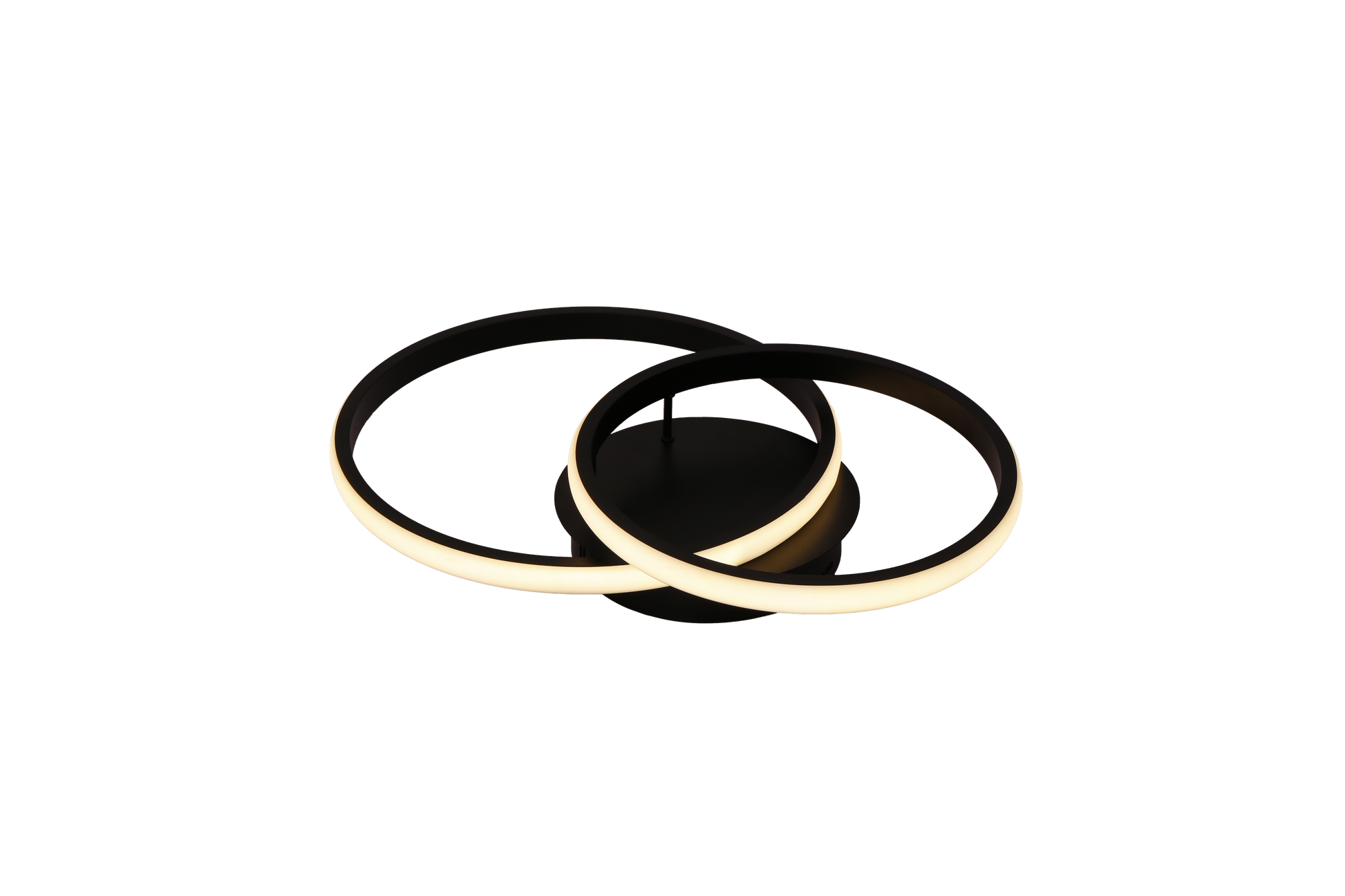 Plafoniera LED inele negre fond alb, lumina calda, 51W, design minimalist, vedere izometrica