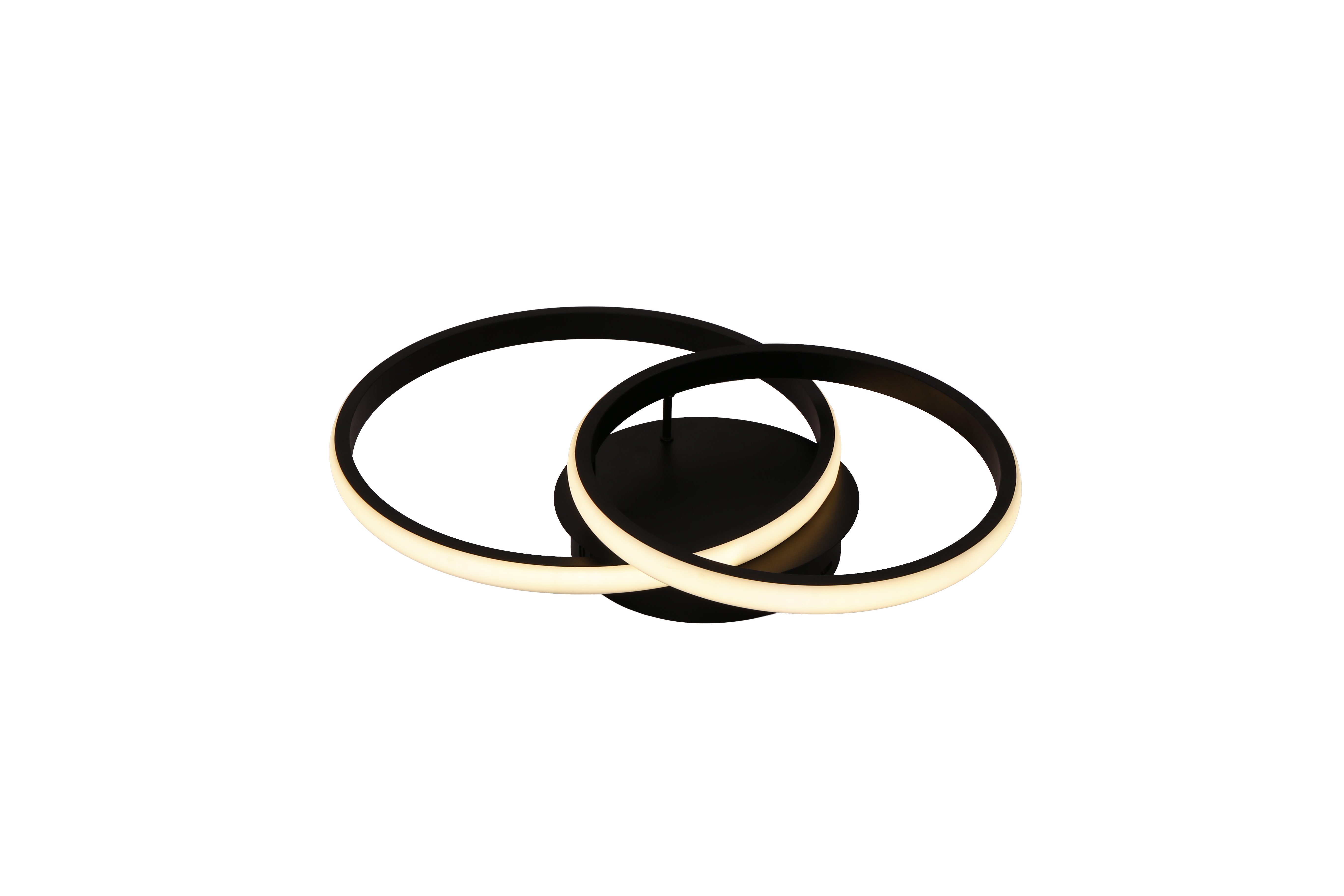 Plafoniera LED inele negre fond alb, lumina calda, 51W, design minimalist, vedere izometrica