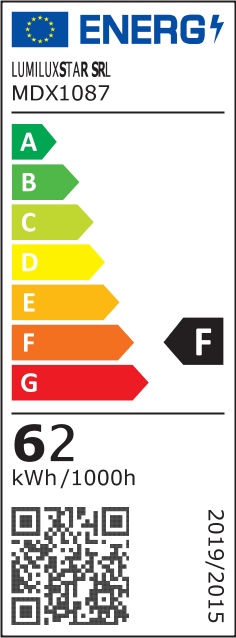 Eticheta energetica clasa F, consum 62 kWh/1000h, lustra LED 62W echivalent 300W incandescent