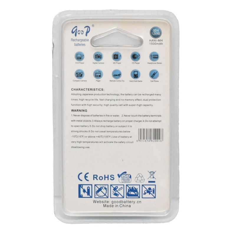 Set of 4 GooD R6 AA Rechargeable Batteries, 1500mAh, Ni-Mh