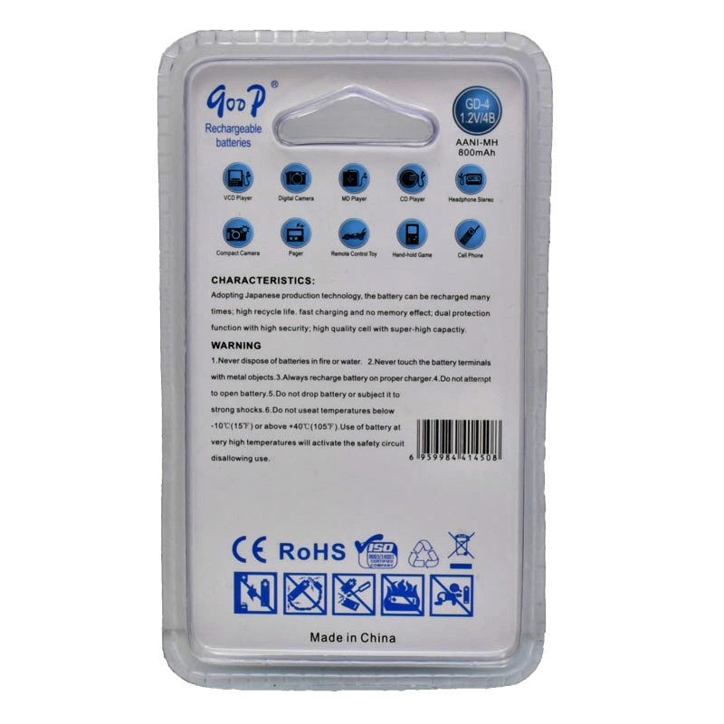 Set of 4 GooD R6 AA Rechargeable Batteries, 800mAh, Ni-Mh