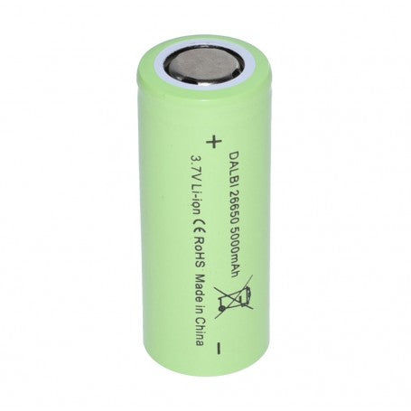 Acumulator Li-Ion 26650 5000mAh vazut frontal, pol pozitiv plat vizibil