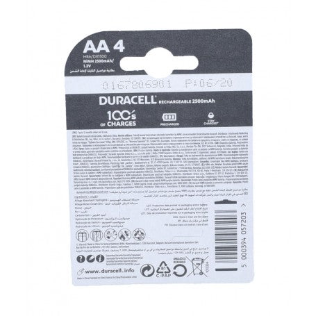 Set of 4 Duracell R6 AA Rechargeable Batteries, 2500mAh, Ni-MH