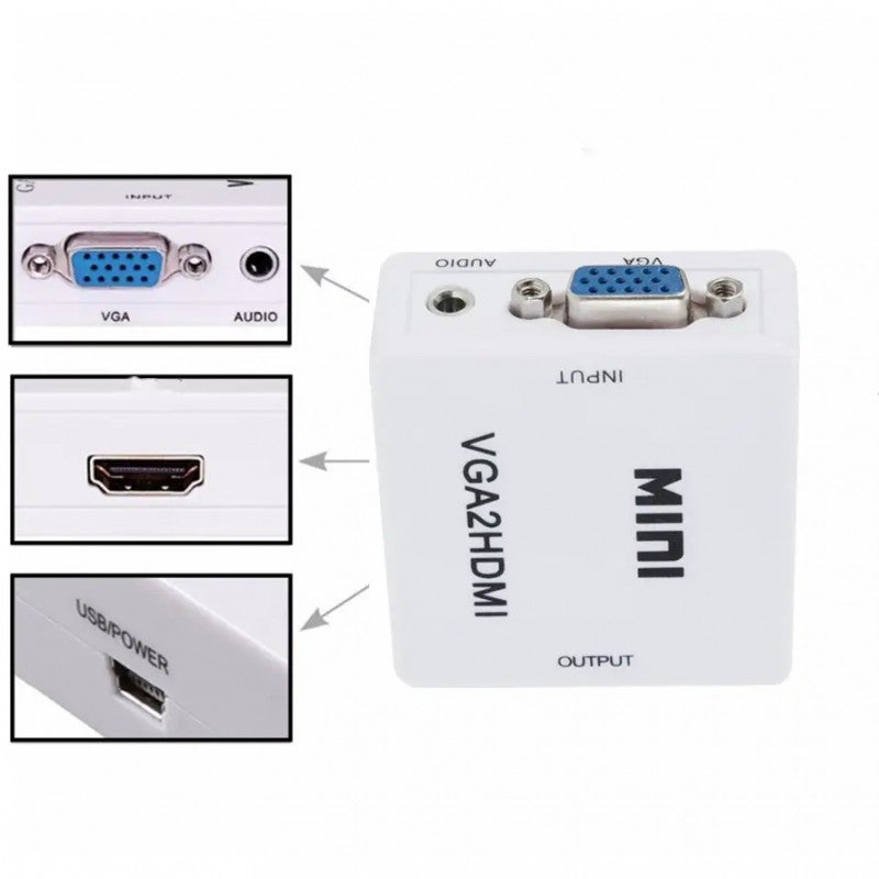 Mini Converter Adapter VGA to HDMI, Full HD, 1080p Video and Stereo Audio, White