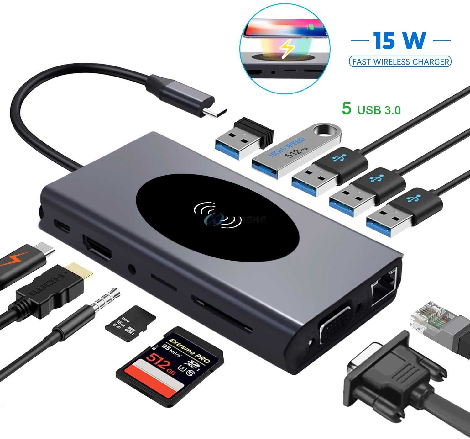 13-in-1 Multifunctional Hub Adapter ElectroAZ, 15W Wireless Charging, PD USB-C Port, 4K HDMI, 1080P VGA, 5 x USB 3.0, RJ45 LAN, 3.5mm Audio Jack