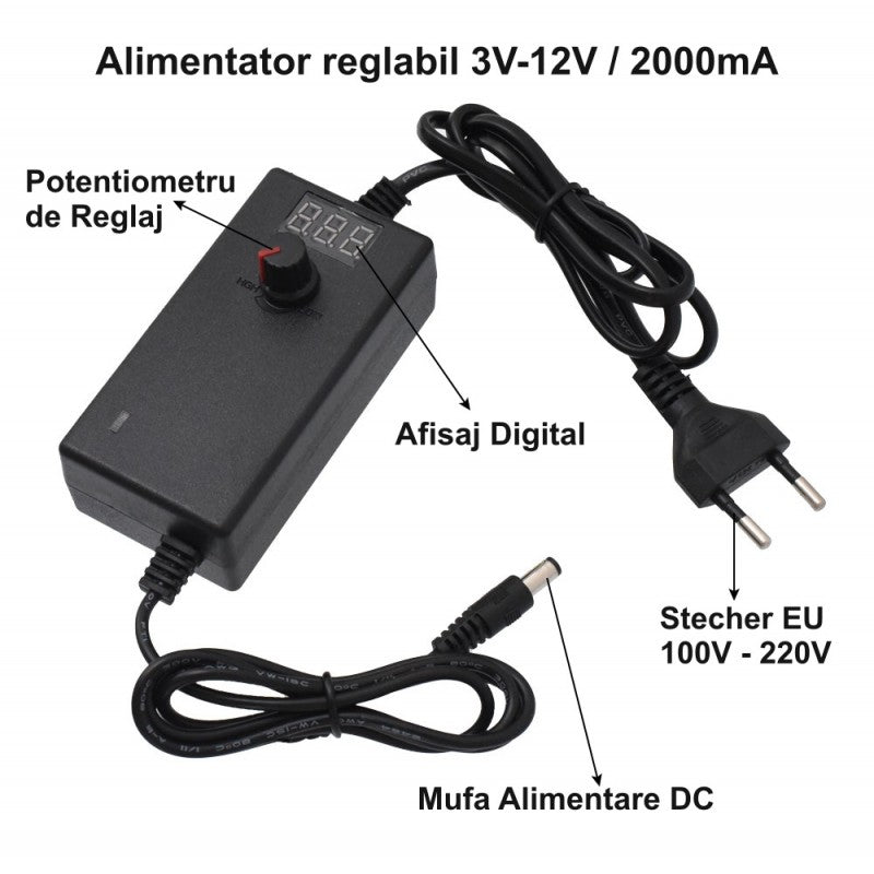 Adjustable Power Supply, Voltage Adjustment, 2.1mm DC Plug, 3V-12V DC, 2A
