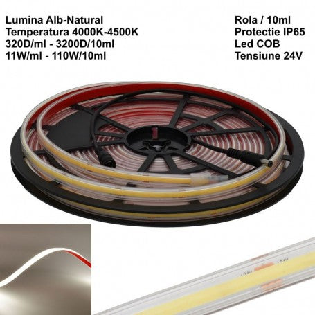 LED Strip 320 Cob - 24V - 10mm Neutral White 4500K, IP65 Outdoor - Roll/10m