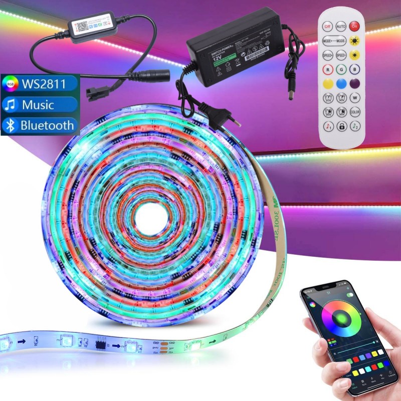 LED Strip Set + Power Supply + Remote Control + iOS/Android Controller, Bluetooth, 300 LEDs, IP65, 5m